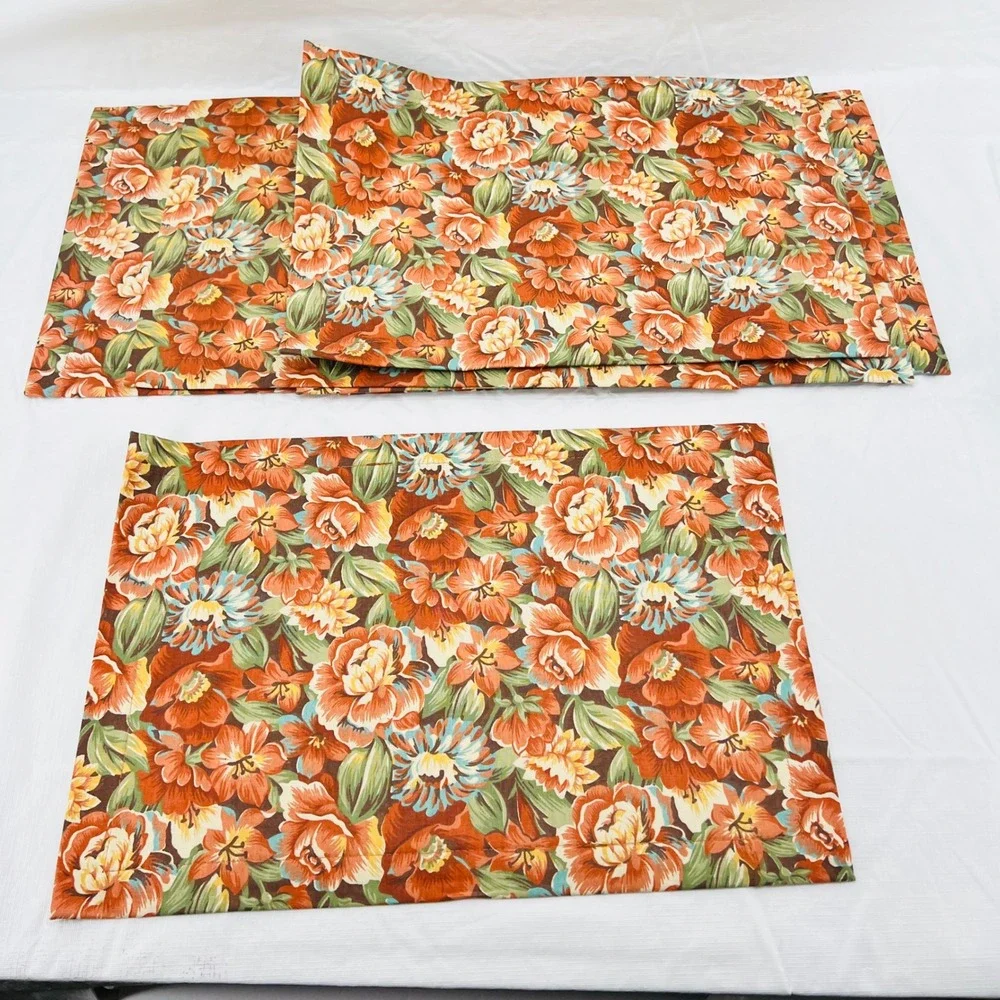 Set of 6 Vintage Floral Placemats Orange Rust Green Quilted Pleated Fall Decor‎